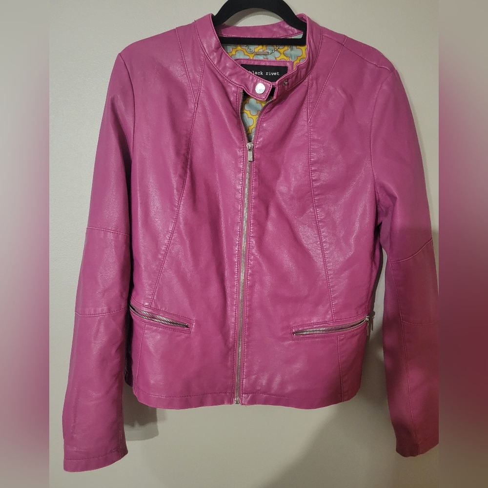 Black Rivet Pink Raspberry Faux Leather Zip Front Jacket Size Large
